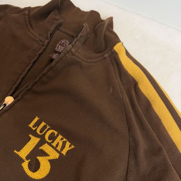 Lucky Brand Y2K Vintage Full Zip Sweater Jacket Lucky 13 Brown Yellow Men’s S - Picture 7 of 10